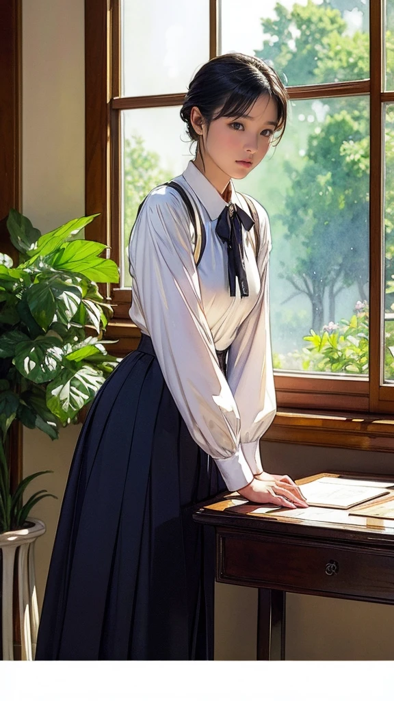 ((Watercolor of singer Sargent))、Impressionist style painting、The Art of Edouard Bisson、(Highest quality、masterpiece)、1 girl、15 years old、wonderful、Short black hair、black eye、Small breasts、uniform、blouse、Long skirt、Glass House、Florist、table、Floral、Tea set、window、aquarium、Foliage plant、 wood,Soft Light、(Vintage, Classic), (((big ))), ((15 years oldの日本人の女の子))