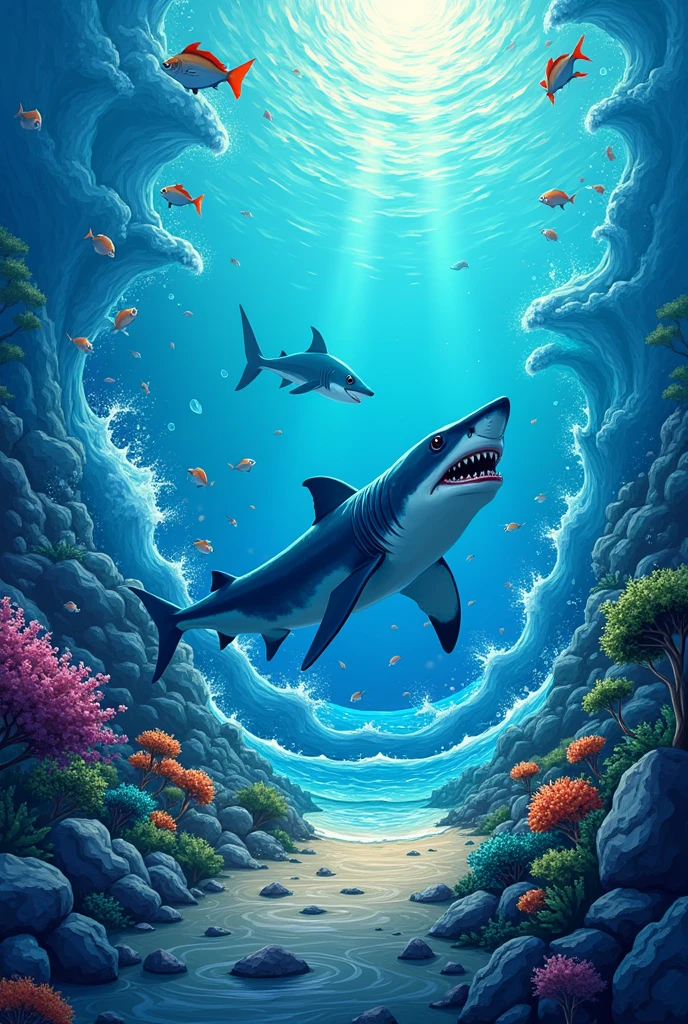 Pls help me to create a banner for one of the sports house called Samudera (blue house) which refers to the Ocean in english. The animal is shark. The banner should be sea theme. Be mindful of the use of blue colors as the seating will be blue too. Pls make it in landscape format. Less blue hues pls.
