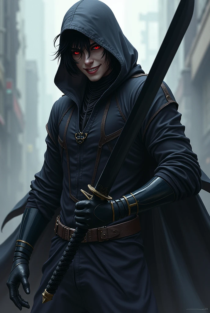 Make a scary boy, handsome man with black hair and a sadistic smile wearing a black hooded battle suit in a combat pose holding a black bladed sword with anime art