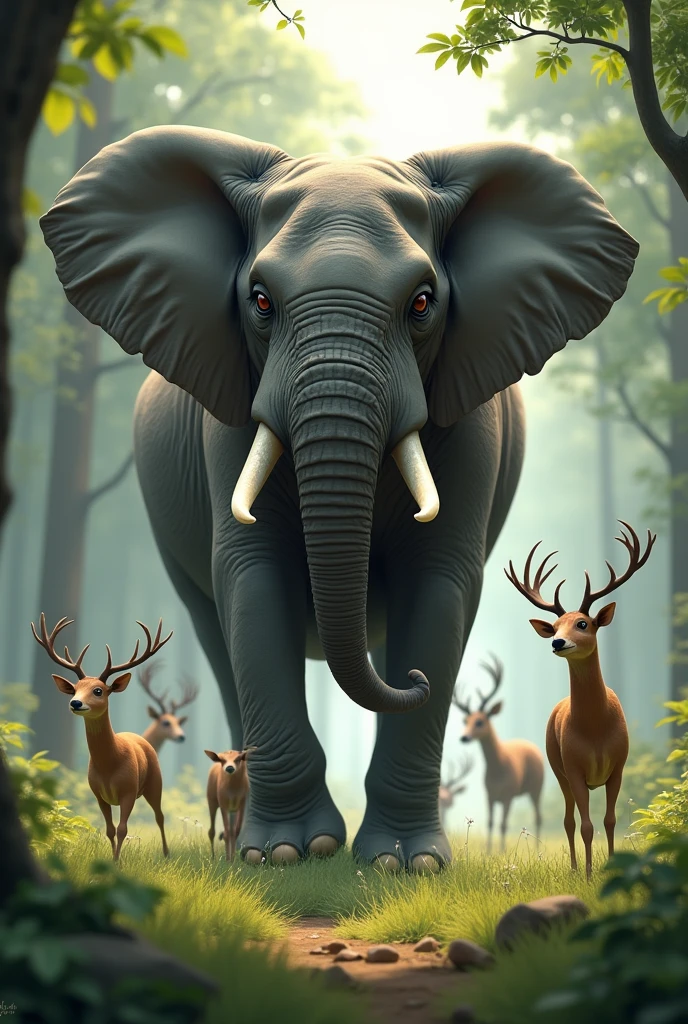 Give how an elephant is scared by a herd of deer