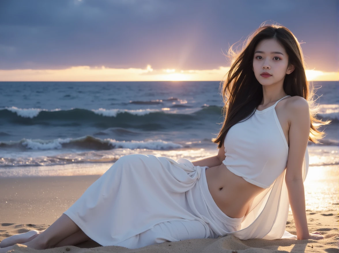 (Front focus), (masterpiece, top quality, the best, official art, Beauty and Aesthetics: 1.2), 1 girl lying on beach chair look up at the night sky, sad, Sitting by the sea, beach, night, look up, Sunset, Sunset, Looking at the sky absentmindedly, Wear a long skirt, White long skirt, (Half-length photo: 1.5), dynamic poses, original photo, contemporary aesthetics, Bright light, Backlight, original photo, sharp focus, realistic feeling, movie lighting, Volumetric lighting,
