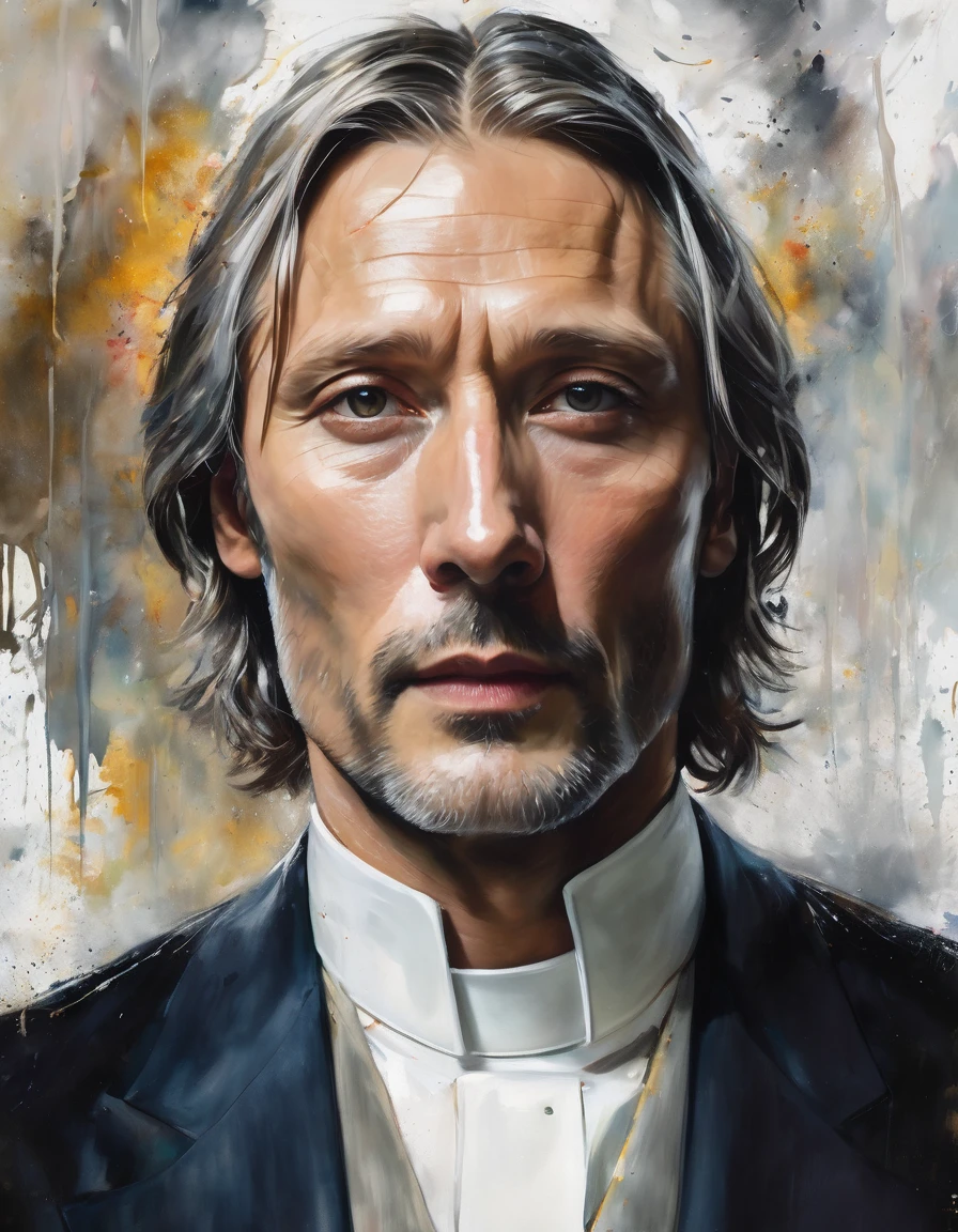 Messy painting style portrait of a Mads Mikkelsen lookalike, white, neck length hair, suit, white collar priest, white hair, no beard, serious, handsome, regal