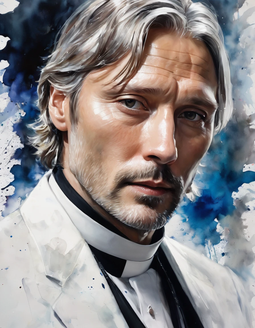 Messy painting style portrait of a Mads Mikkelsen lookalike, white, neck length hair, suit, white collar priest, white hair, no beard, serious, handsome, regal