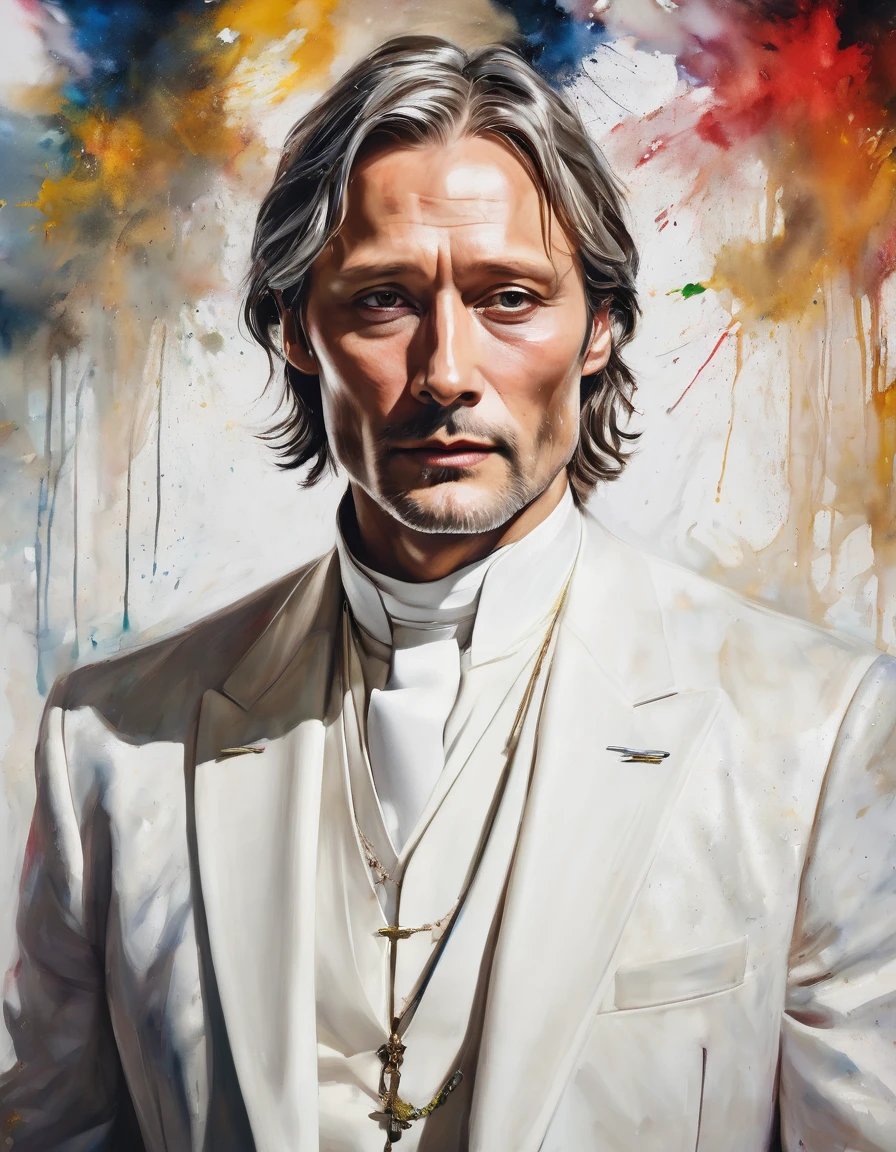 Messy painting style portrait of a Mads Mikkelsen lookalike, white, neck length hair, suit, white collar priest, white hair, no beard, serious, handsome, regal
