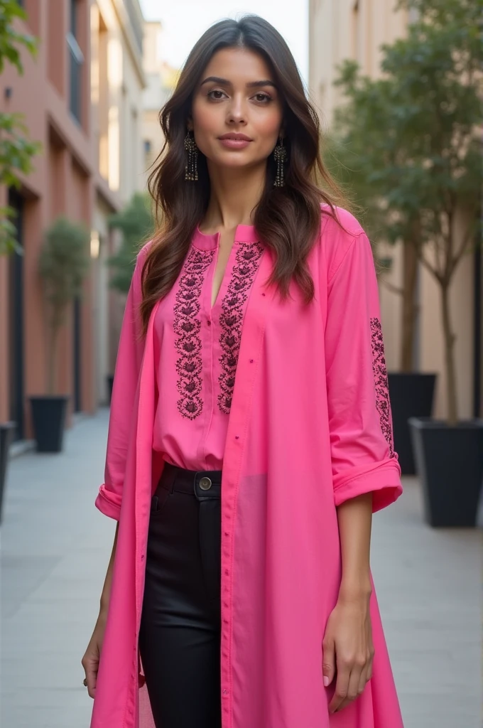 Pink kurti has black dotted design
And black pant