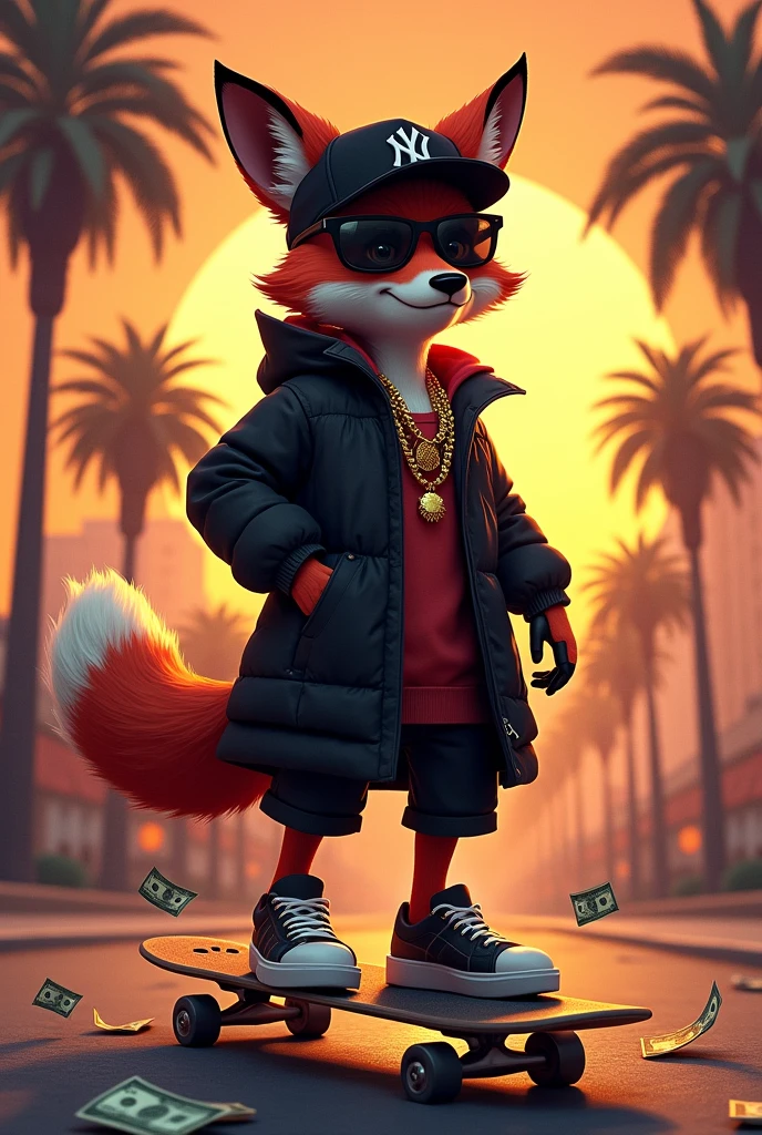 Fox,black,Basecap Skateboard urban golden jewelry palm trees Sunset Dollar notes sunglasses