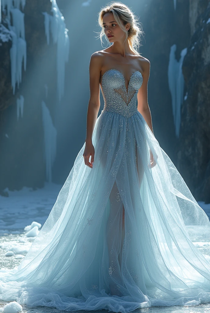 dress, The fabric is soft and luxurious, shimmering silver. The bodice fits snugly, and the skirt cascades down in layers of sheer material, looking like shimmering ice.