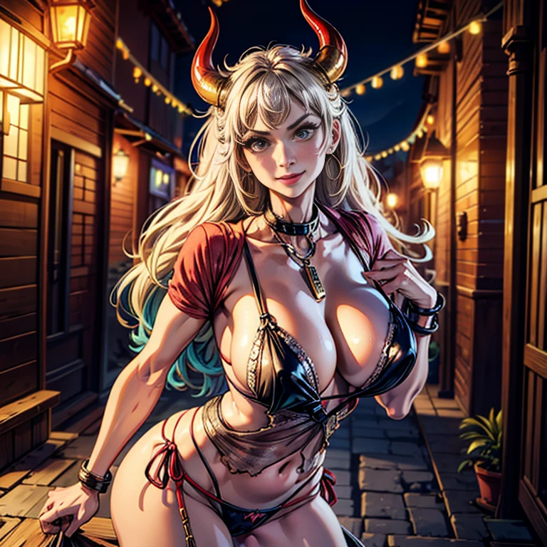 text, Highest quality, masterpiece, 4K, Absurd resolution, Ultra-high resolution, 8k, Actual, Realistic, Bright colors, Bokeh, Vibrant color palette, Great studio lighting, Very detailed, Detailed eyes, Detailed skin, Detailed Hair, Detailed face, Detailed fabric, BREAK, YamatoV2(one piece), sexy Pose, Perfect body skinny, Fine and beautiful eyes, Beautiful Lips, Highly detailed face, Long eyelashes, sexy, horn(Wrapping , Left and right pair, multicolo Red), large breasts , Cleavage, Slim waist, smile, Torn clothes, Loincloth, Hands in chains, Very detailed, Bright colors, ,The clothes are see-through , full-body, dynamic angle, (background is Red light district )