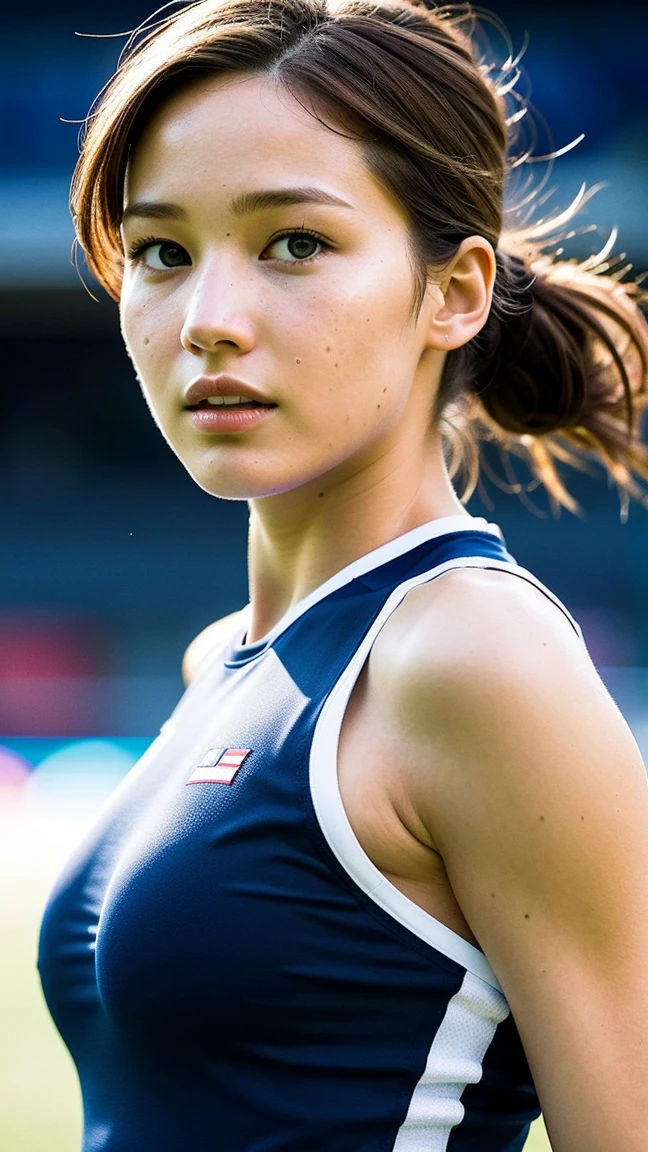 masterpiece, transition to an illuminated Olympic stadium at dusk in Paris 2024, a lonely figure, A beautiful 32-year-old American woman emerges wearing a modern Olympic athletic uniform, White skin, by rubio, gray blue eyes, Freckles in the face, slim and athletic body for running, small breasts, Very detailed face, ultra realistic face, very beautiful face, clean face but with determination, tight-fitting sports uniform, with details of the US team.UU., modern sports accessories, and an appearance of strength and physical preparation, 16k, ultra high resolution. photorealistic, HD, raw, DSLR, with the face of Jennifer Lawrence.