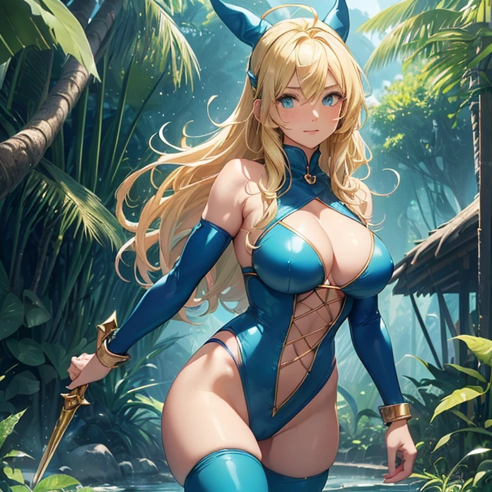 High Resolution, Masterpiece, HD, High Quality, Best Quality, Anatomically Correct, Minimalism, Digital Art, Soft Lighting, Anime Style, Glowing Light, Cowboy Shot
{{46 years old adult woman milf warrior: ((absolute feminity and physical beauty, beautiful Aqua Eyes, thin lips, Closed Mouth, Light Smile, golden Blonde Long Hair, blonde Ahoge, Large breasts, voluptuous feminine body, beautiful arms, beautiful hips, tall body), (blue Forehead jewel, pink heart shaped Hair Clip, darkblue pointy Witch Hat, darkblue battle leotard suit, dark blue jacket, green wristbands, blue leggings, green long boots, giant silver claymore sword), (Tsundere, confident demeanor, protective and lovely personality, carefree, standing firmly and relaxed), (tropical village, tropical jungle, green rainforest, steel-made rounded village houses, sunny morning, large jungle trees around))}}