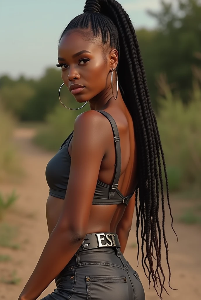 a beautiful African-American woman, detailed facial features, long eyelashes, full lips, wearing a crop top, high waisted leggings, belt with metallic buckle with the letters "EST" , sneakers, hoop earrings, dynamic pose, natural lighting, photorealistic, intricate details, vibrant colors, fashion editorial style, bianca belair,very long ponytail