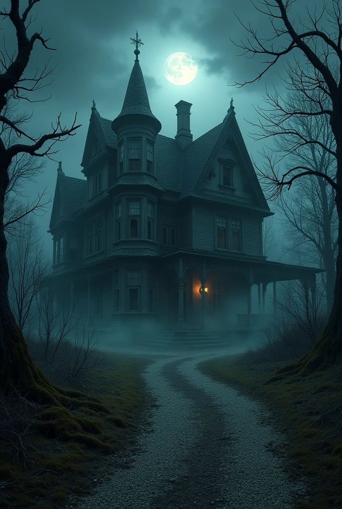 The cover shows an old, crumbling Victorian mansion, shrouded in dense night fog. Home, with broken windows and rusty doors, It is dimly illuminated by the moonlight that passes through the dark clouds.. In the foreground, A gravel path leads into a gloomy forest, with twisted and moss-covered trees. A hooded figure appears in the upper left corner, partially hidden in shadow, adding an air of mystery and menace.