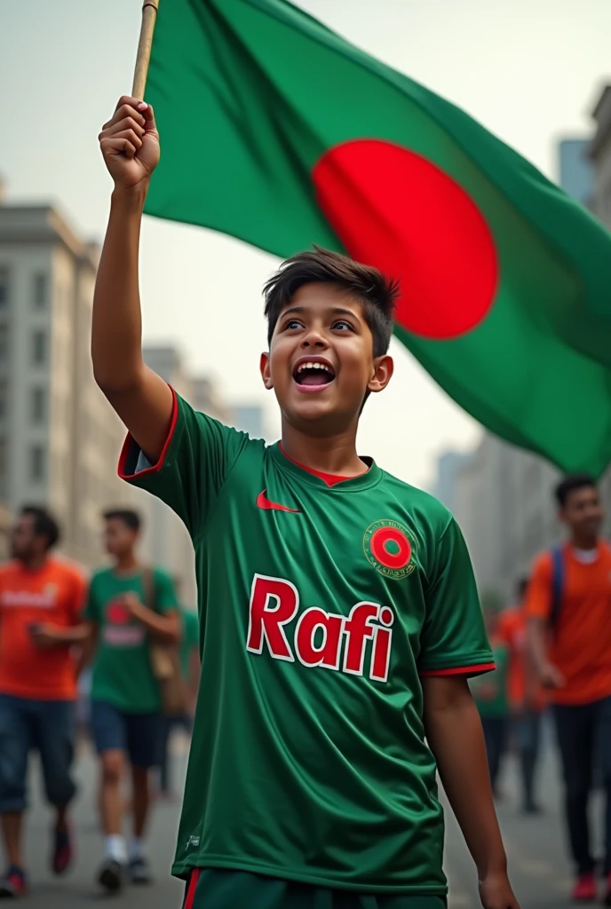 A 20-year-old boy is protesting with a Bangladeshi flag in his hand on the streets of the capital. Wearing the jersey of Bangladesh. 'rafi' written in English on Jersey