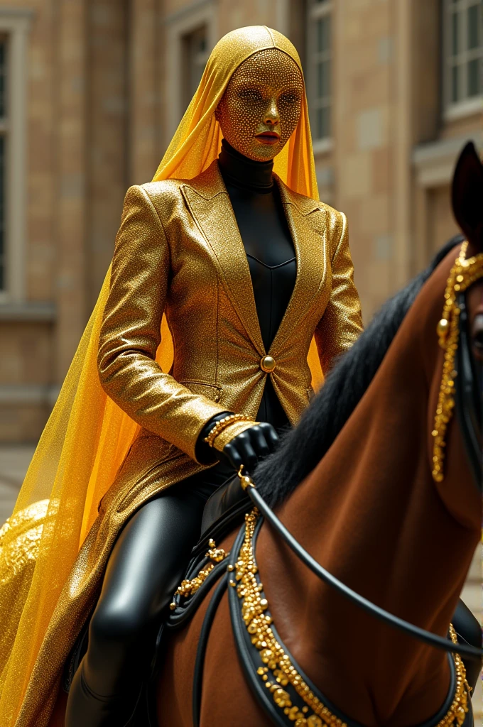 lady don wearing bright, shimmering -gold attire, her face covered by a golden veil made of gleaming jewels black latex pant and black latex jacket riding in horse black gloves and black high heel boots