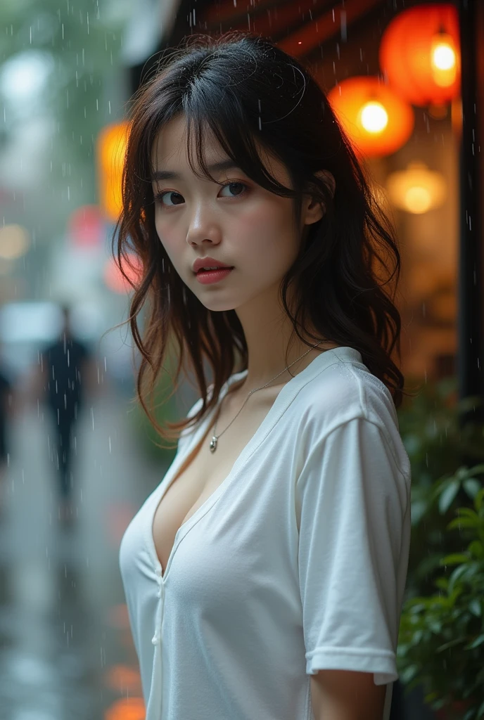 (nsfw),  score _9, score _8up, score _7,  (Masterpiece、Highest quality、Ultra fine), (High Resolution, 8k),  (Cinematic lighting), (One young Japan woman), (White t-shirt wet in the rain, Wide open chest, See-through nipples), ( mini skirt), (Perfect proportions), (Big Boobs, Cleavage), (A neat and tidy face, A dreamy face, Fine skin, Beautiful Hair, Chestnut Hair, Hairstyle, Beautiful Hair質, Fine grain, Beautiful Eyes, Attractive lips), Sexy pose, ( ), (( Rain  ,  The front of a stylish cafe)),Bust Shot, Portrait Angle