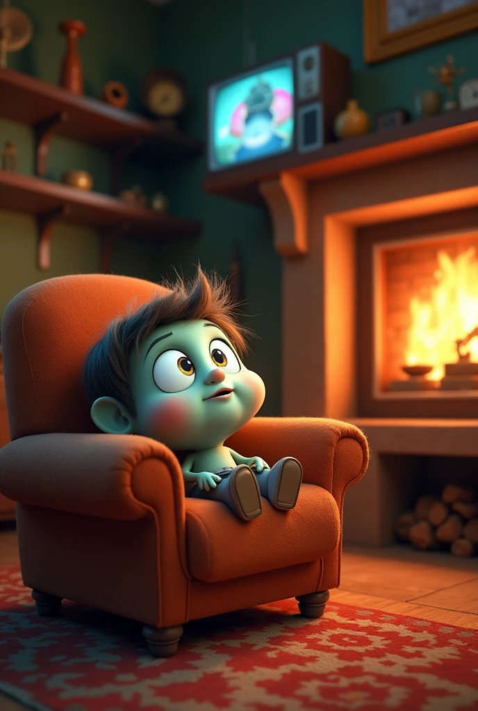 An animated character watching commercials