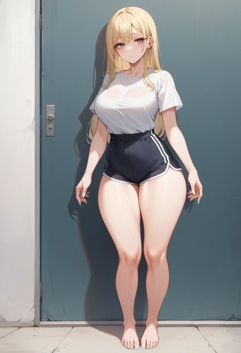 pale adult woman, large breasts, very thick thighs, large soft thighs, slim waist, wide hips, long blonde hair with bangs, tight white t-shirt, black lounge shorts, thick thighs pressed together, long fingernails, small delicate hands, small feet,white nail polish, tired eyes, bored expression, facing forward, standing, legs and feet in the photo, body facing forward, full body showing, standing