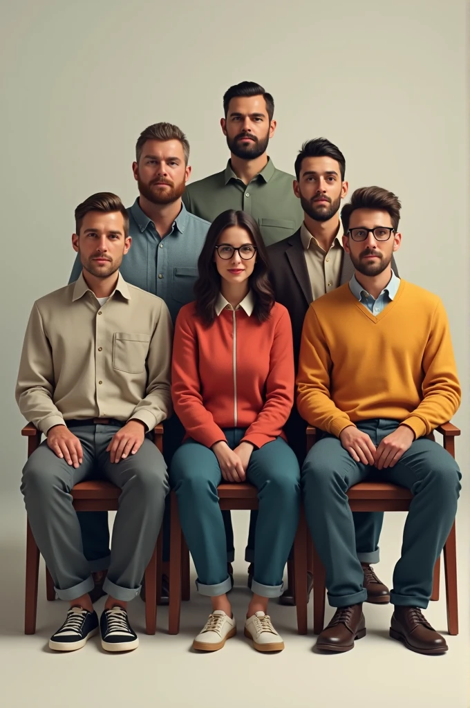 A 40-year-old woman, a 50 year old man, a 30 year old man, a 28 year old man, a 25 year old man, a 23 year old man, a 20 year old man, sit on a chair , realistic 