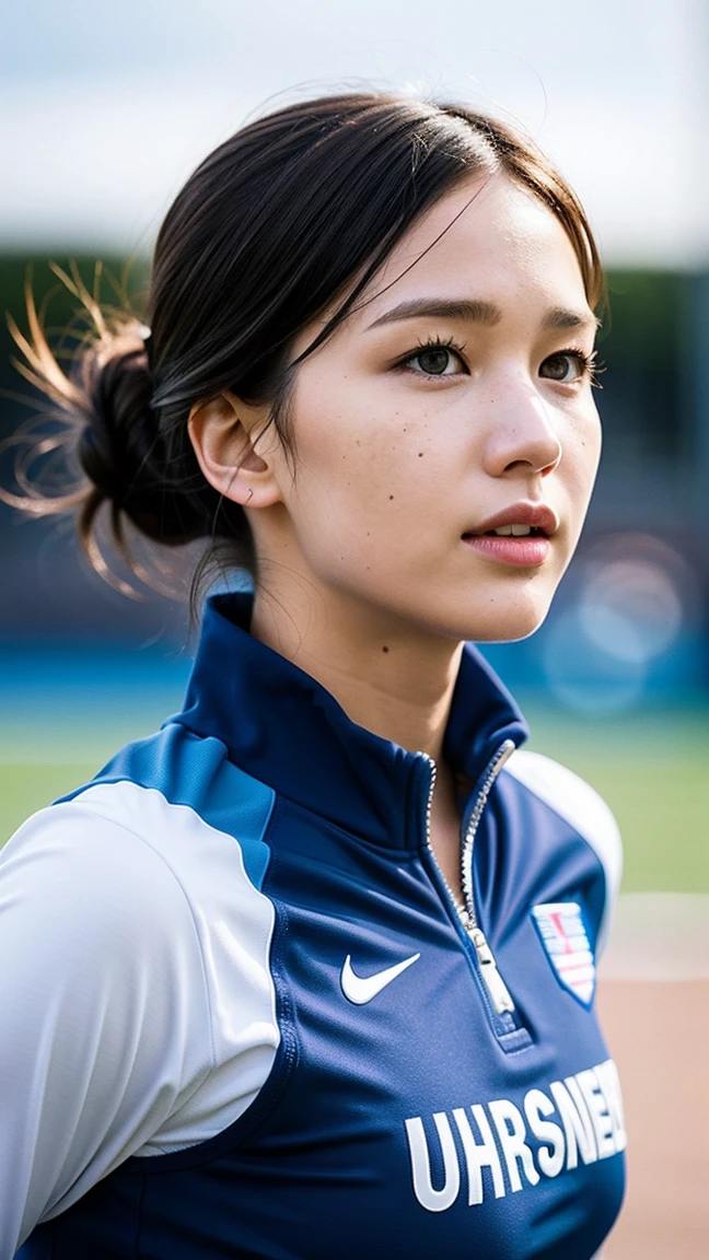 masterpiece, transition to an illuminated Olympic stadium at dusk in Paris 2024, a lonely figure, A beautiful 32-year-old American woman emerges wearing a modern Olympic athletic uniform, White skin, by rubio, gray blue eyes, Freckles in the face, slim and athletic body for running, small breasts, Very detailed face, ultra realistic face, very beautiful face, clean face but with determination, tight-fitting sports uniform, with details of the US team.UU., modern sports accessories, and an appearance of strength and physical preparation, 16k, ultra high resolution. photorealistic, HD, raw, DSLR, with the face of Jennifer Lawrence.