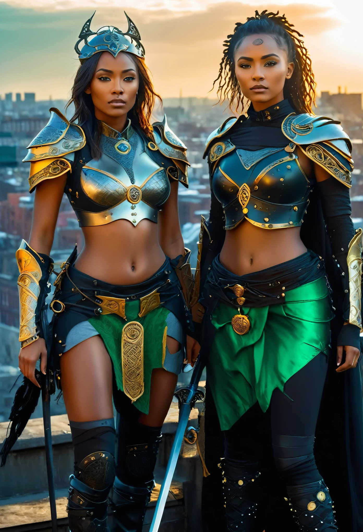 t2 women 2women in a widescreen cinematic panoramic photo, taken on a city roof. Featuring two women who are Celtic princesses, sexy, beautiful, confident and fierce. They are standing on a roof, gazing into the distance. The city below is ruined, bombed out buildings still smoking. Their costumes show their high status. The costumes include lightweight armour, optimised for speed and flexibility. Made of black leather, with heavy black denim. Jewelled detailing. The outfit is earth tones, black with bright green details, including some metalwork. The women are carrying small rapier swords and shields. The high camera angle captures them from above, pointing down, as they look out. The angle emphasises their posture and the elaborate details of the outfits, creating a dramatic and compelling visual. The overall atmosphere is a blend of medieval action and future fantasy, highlighting the women’s relationship with each other and the intricacy of their attire. Sunset, golden hour.
beautiful sci-fi lovers, fantasy style clothing, fantasy futuristic clothing, epic fantasy style, Celtic and cyberpunk armour, fantasy style 8 k octane render, trending in cgsociety, cinematic cgsociety, intricate armour costumes, steampunk fantasy style, full body cgsociety