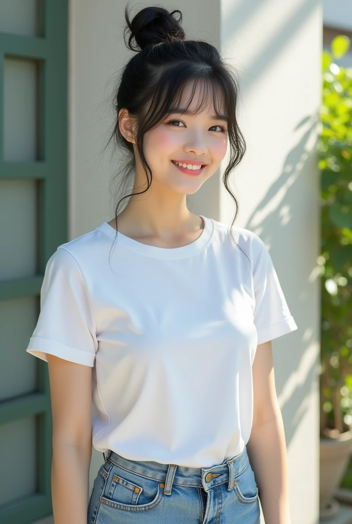 Top quality, 1 beautiful japanese woman, (Bun Hair: 1.2), medium perm black hair, wearing white T-shirt & short denim pants, shy-smile, sunlight, close up, standing, white skin, 19age, bust size 'F'