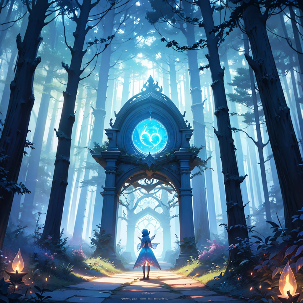 A magical forest at dawn, with a path leading to a glowing portal, symbolizing new opportunities and possibilities. A fairy-like creature stands by the portal, inviting the viewer to step through with the words "Believe in the Magic of New Beginnings" written in a whimsical font.