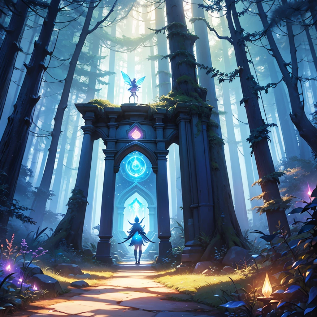 A magical forest at dawn, with a path leading to a glowing portal, symbolizing new opportunities and possibilities. A fairy-like creature stands by the portal, inviting the viewer to step through with the words "Believe in the Magic of New Beginnings" written in a whimsical font.