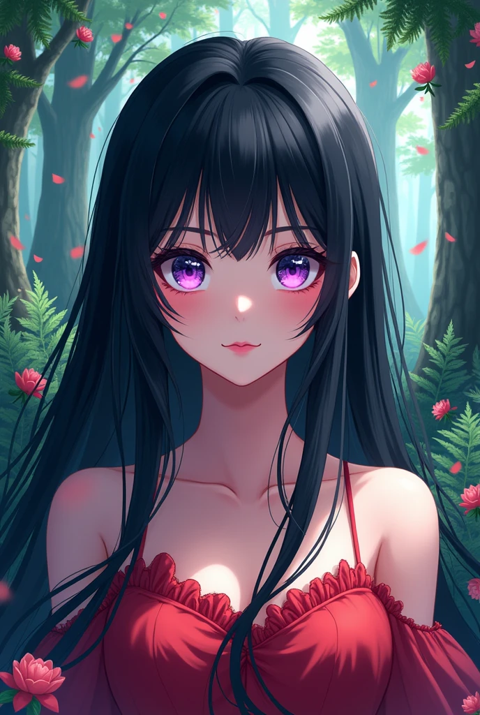 Black haired girl with purple eyes wearing a red dress with an anime style forest background 
