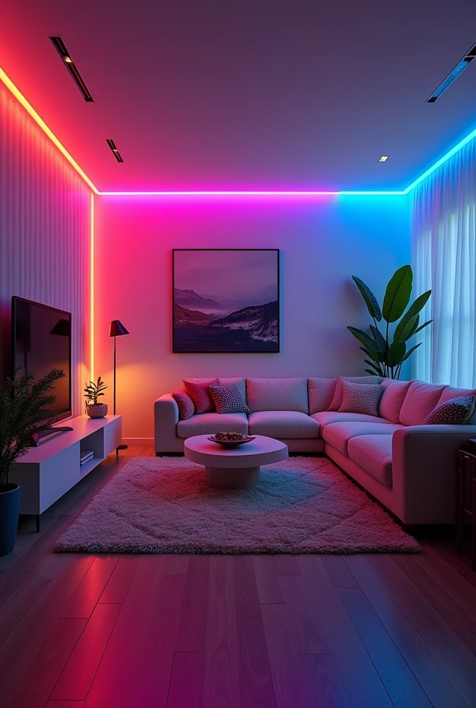 masterpiece, Excellent, +masterpiece, best quality, 1.RGB colorful light strip decoration，2.Colorful living room，3.Wide Angle，4.Ultra-high detail，