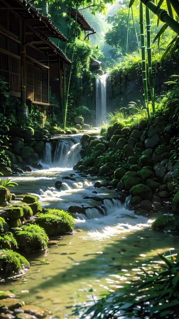 A miniature scene,A surreal miniature world created by glutinous rice dumplings and bamboo leaves,Large aperture lens,Tilt-Shift Photography,Woman wearing a bamboo hat,Washing sticky rice by the stream,Man picking bamboo leaves,Soft natural light,Fine texture,color,Tranquil atmosphere,Handcraft details。, the environment should bigger and stunning.