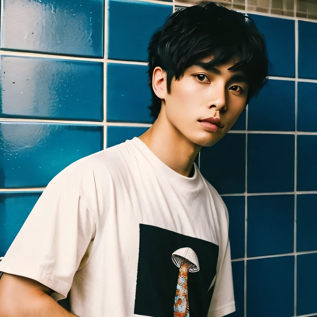 Highest quality, 1 beautiful man, 28 years old, S, 35mm lens, debt/1, Cowboy Shot, Specific Background、Tile Background、Black T-shirt、Black-haired、Tile wall,debtrom below、Short-haired、But in Japan、spiral comma bang,Mushroom cut、Cowboy Shot,