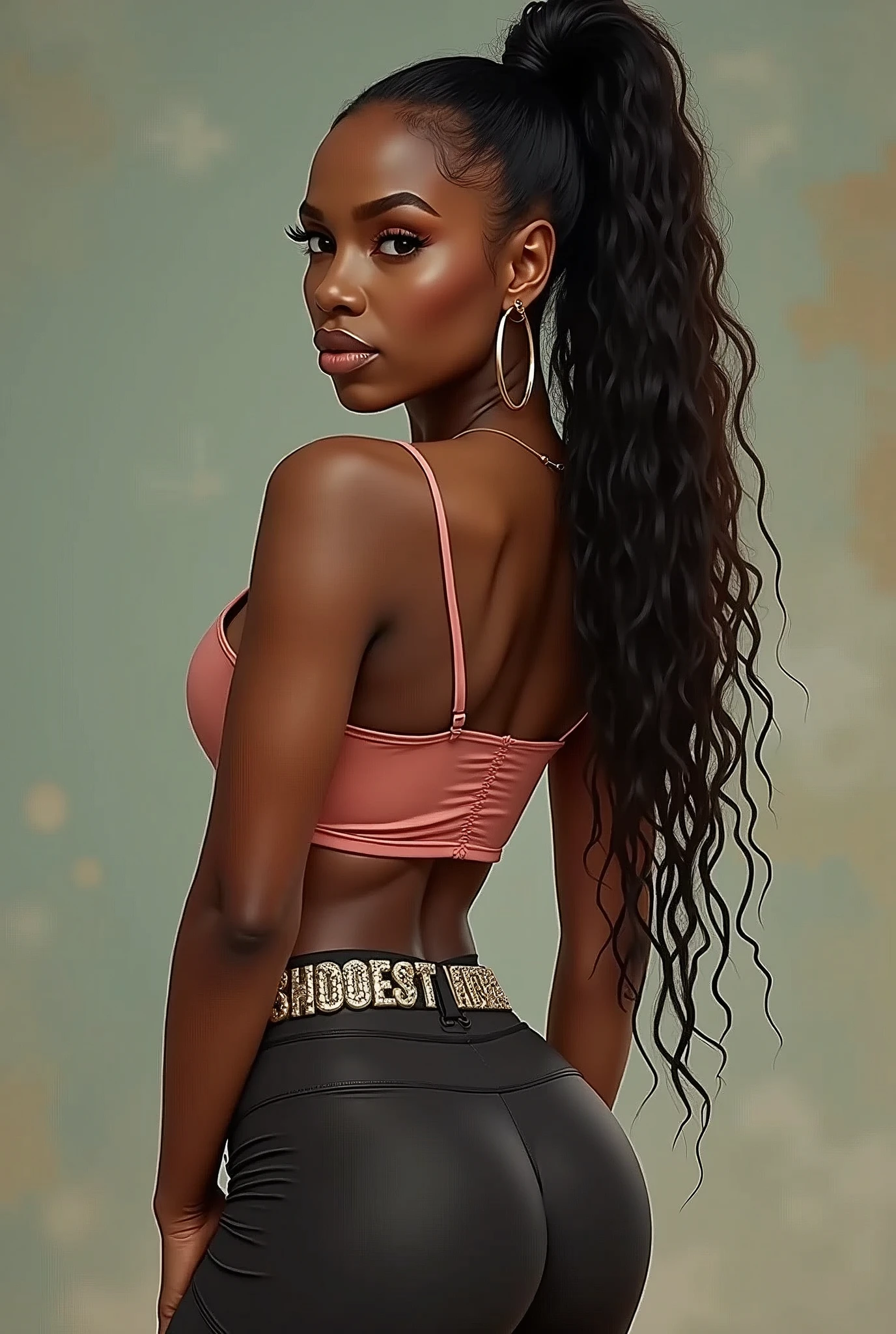 a beautiful African-American woman, detailed facial features, long eyelashes, full lips, wearing a crop top, high waisted leggings, belt with metallic buckle with the letters "EST" , sneakers, hoop earrings, dynamic pose, natural lighting, photorealistic, intricate details, vibrant colors, fashion editorial style, bianca belair,very long ponytail