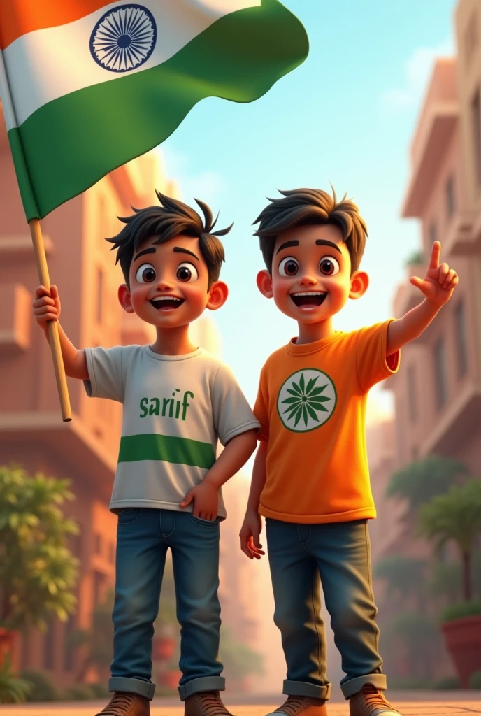 15 august 2024 Happy independence Day 
 Two boys  " SARIF AND RABIUL " there INDIAN FLAG shart front side name "SARIF"RABIUL  "