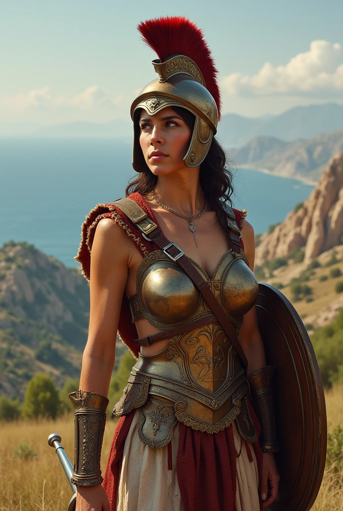 An ancient Greek woman in a landscape with a view of the Greek islands, wearing armor and an Athenian helmet, in his right hand a sword and in his left hand a shield, showing his countenance of a wise and serious person.