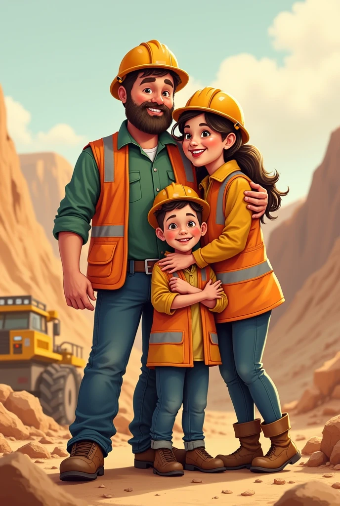 dibujo de familia de Husband que trabaja en minería, Husband, wife, daughter and son hugging and loving each other