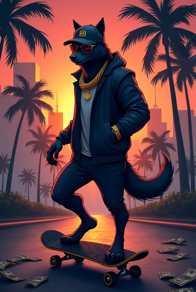 Wolf,black,Basecap Skateboard urban golden jewelry palm trees Sunset Dollar notes sunglasses