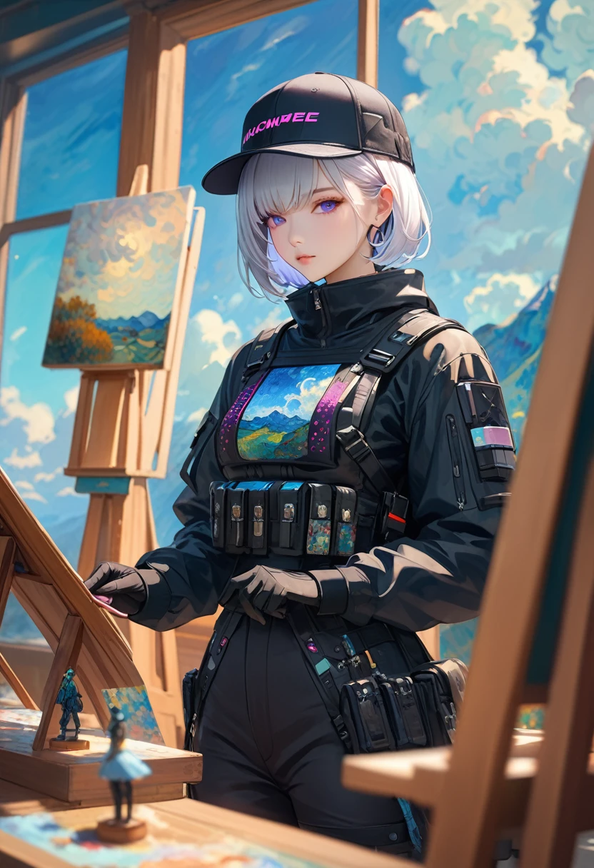 masterpiece, Highest quality, 4K, Ultra-high resolution, mishoujo, Painting, Beautiful eyes and fine face, figure, Beautiful details, high resolution figure, Shine_white_particle, One girl, white hair, Light purple eyes, Hair on one eye, Short side details, Baseball cap,Expressionless, Window Shades, Black jacket, Chest Rig, cyber punk, Techwear,(Impressionism:1.4), Vincent van Gogh