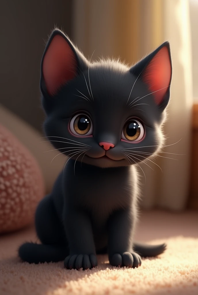 A small black kitten with a scar on his right eye