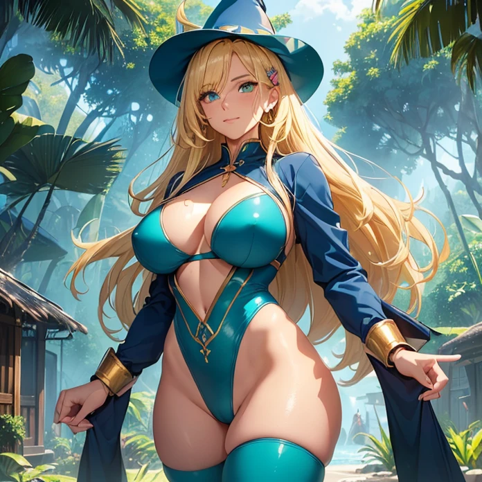 High Resolution, Masterpiece, HD, High Quality, Best Quality, Anatomically Correct, Minimalism, Digital Art, Soft Lighting, Anime Style, Glowing Light, Cowboy Shot
{{46 years old adult woman milf warrior: ((absolute feminity and physical beauty, beautiful Aqua Eyes, thin lips, Closed Mouth, Light Smile, golden Blonde Long Hair, blonde Ahoge, Larger breasts, voluptuous feminine body, beautiful arms, beautiful hips, tall body), (blue Forehead jewel, pink heart shaped Hair Clip, darkblue pointy Witch Hat, darkblue battle leotard suit, dark blue jacket, green wristbands, blue leggings, green long boots, giant silver claymore sword), (Tsundere, confident demeanor, protective and lovely personality, carefree, standing firmly and relaxed), (tropical village, tropical jungle, green rainforest, steel-made rounded village houses, sunny morning, large jungle trees around))}}