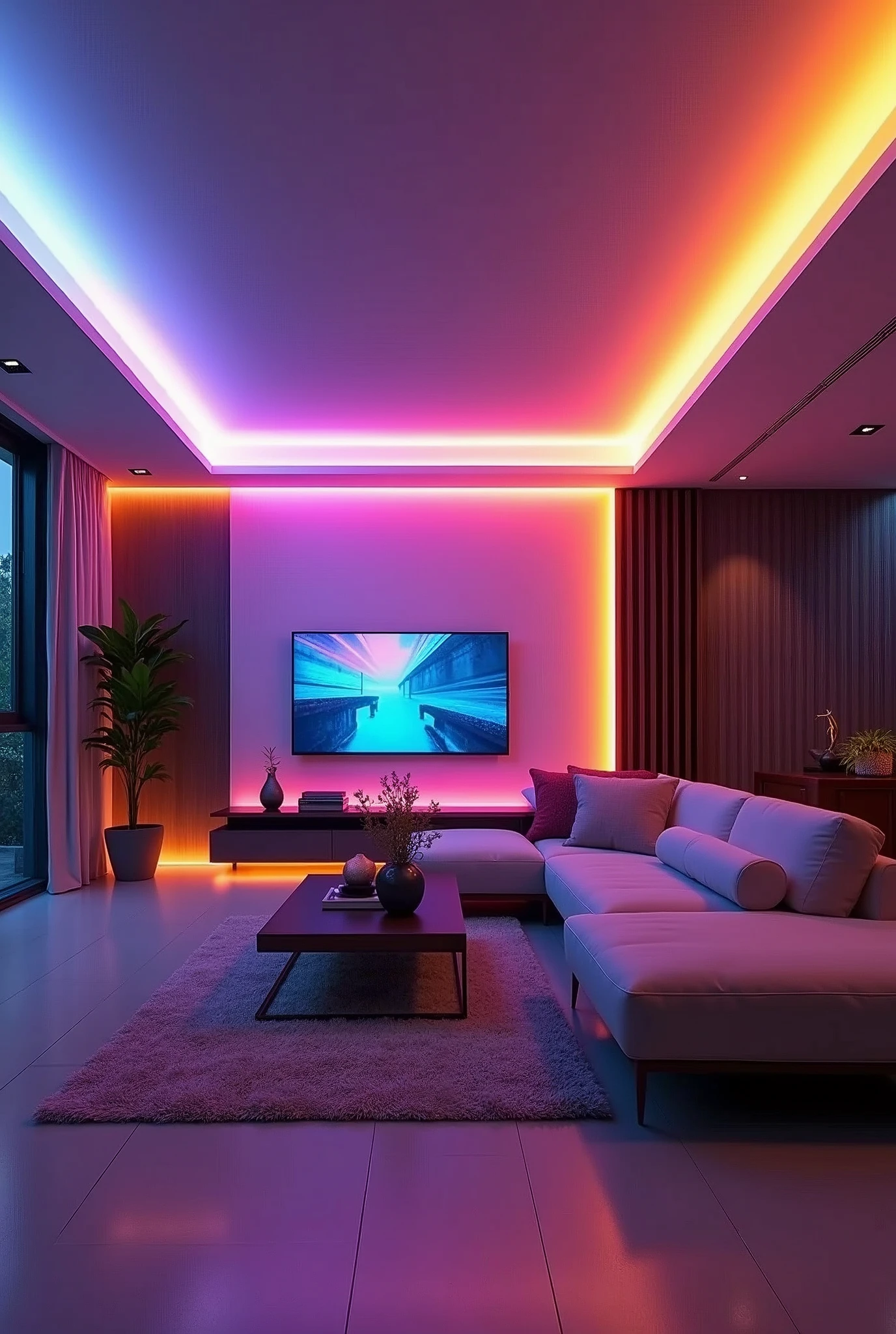 masterpiece, Excellent, +masterpiece, best quality, 1.RGB color light strip,2.Modern living room,3.There is an RGB color wall washer light strip behind the living room,4.TV background wall RGB atmosphere light strip,5.Wide Angle,6.Ultra-high detail,