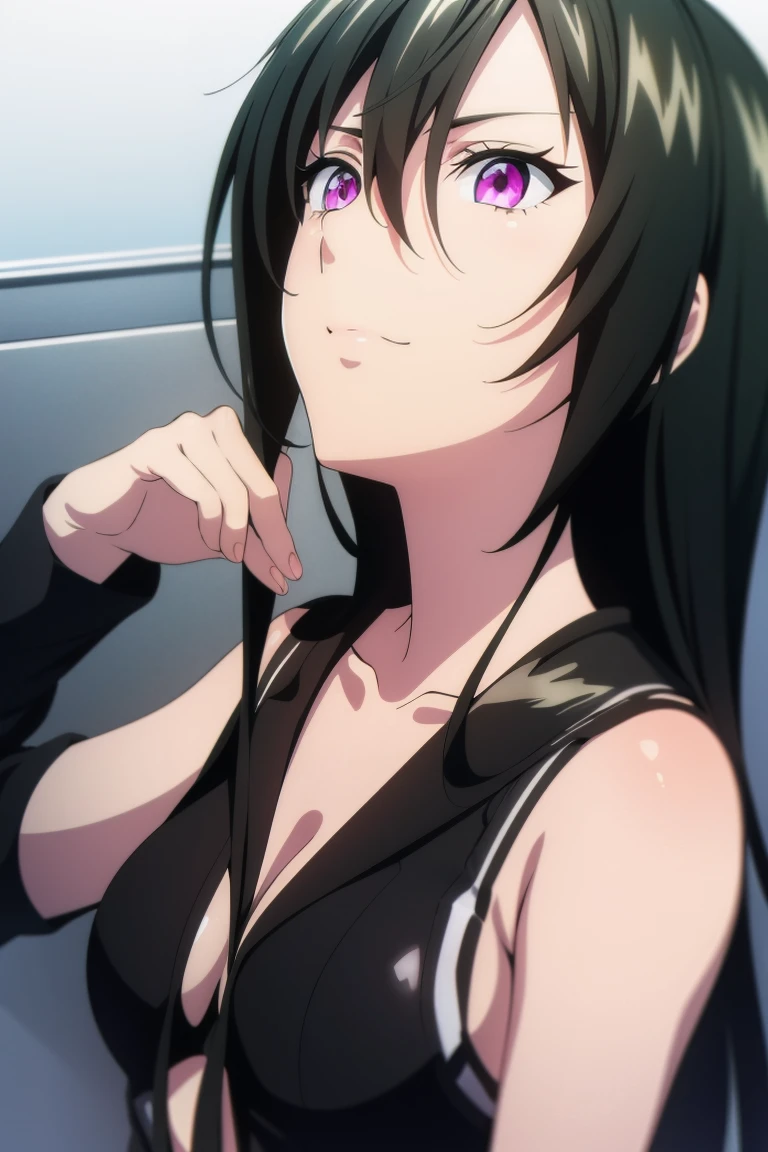 masterpiece, best quality, extremely detailed cg unity 8k wallpaper, extremely detailed, super fine illustration, beautiful, official art, production art, by famous artist, masterwork, exquisite, ultra high res, ultra detailed, insanely detailed, finely detailed, ultra quality, high quality, top quality, absurdres, absolutely resolution, incredibly absurdres, hair between eyes, long hair, black hair, pink eyes, 