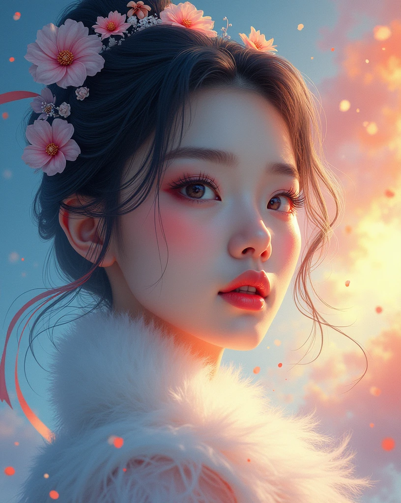 Chinese woman, face close-up, soaring female figure made of ribbons, smoke, in the sky, colorful and bright, mystical colors, modern impressionism, portraiture Yanjun Cheng, iridescent painting, 3/4 perspective view, cute face, low angle, wide swirling composition, big beautiful crystal eyes, large iris, UHD, HDR, 8K, (Masterpiece: 1. 5), (World's most beautiful portrait: 1.5)