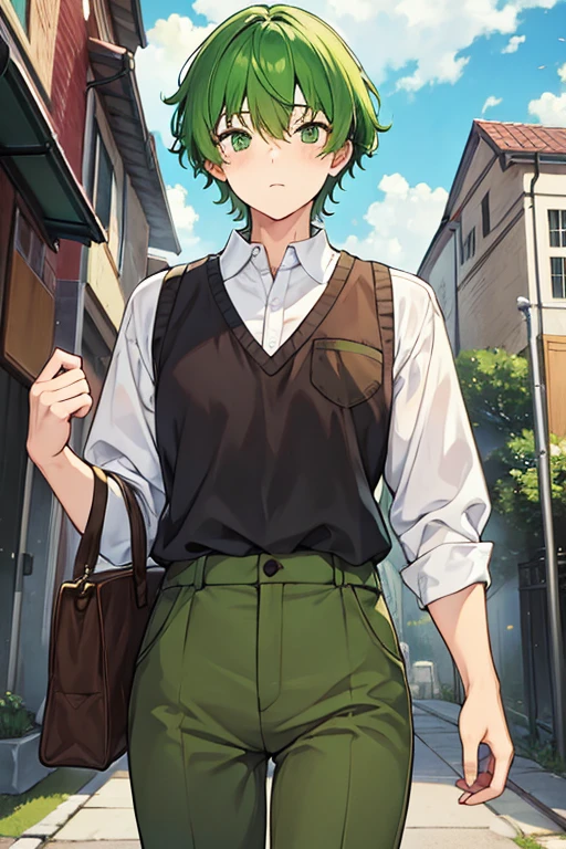 man, short green hair, clown nose, green eyes, address shirt, brown pants