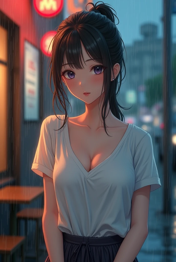 (nsfw),  score _9, score _8up, score _7,  (Masterpiece、Highest quality、Ultra fine), (High Resolution, 8k),  (Cinematic lighting),Anime Style、 (One young Japan woman), (White t-shirt wet in the rain, Wide open chest, See-through nipples), ( mini skirt), (Perfect proportions), (Big Boobs, Cleavage), (A neat and tidy face, A dreamy face, Fine skin, Beautiful Hair, Chestnut Hair, Hairstyle, Beautiful Hair質, Fine grain, Beautiful Eyes, Attractive lips), Sexy pose, ( ), (( Rain  ,  The front of a stylish cafe)),Bust Shot, Portrait Angle