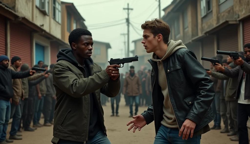 2 young men robbing in a marginalized neighborhood with many people with guns in their hands, one is dark-skinned and the other is white, photo size 16:9