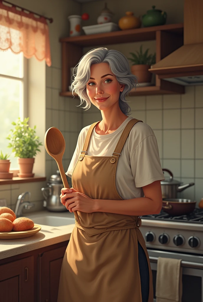 Mother with her apron with a cooking spoon
