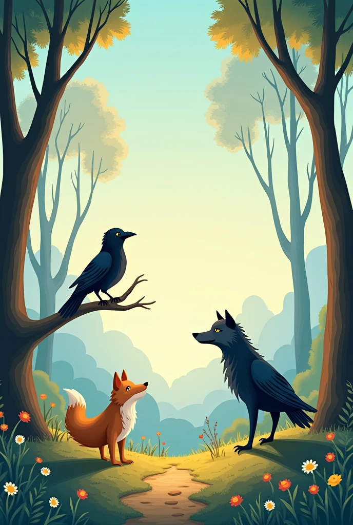 The Crow and the Wolf is a horizontal poster for children. The picture is enlarged to show the surrounding area, making the crow and the wolf a little smaller but still standing out. This picture is the same but the crow is on a branch, making the crow and the wolf a little smaller but still standing out.