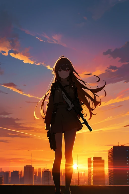Cityscape, building, Skyline, sunset, Silhouette against a background of cumulonimbus clouds, meditation. Watching the beautiful sunset, sunset時に, sunset時, sunsetとともに, In the sunset, Nice views, Sunset view, With the sunset, sunset時に, During Golden Hour, looking sunset時に, Sunset in the background, Watching the sunset, Get noticed, Holding_gun, assault_rifle, Very detailed, Brown Hair, Long Hair, Anime Style, whole body, alone, Stylish Gunfighter Girl, スチームパンクの長gun身ピストルを持っている, The background is a dark and desolate landscape, Horror movie atmosphere. Her figure is very beautiful, Emphasizing the dark and crazy elements. Skillfully expressing the effects of light and shadow, Anime girls with guns and rifles, from the girls&#39; Forefront