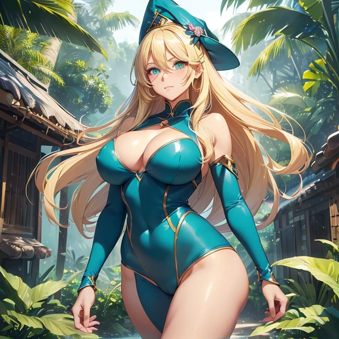 High Resolution, Masterpiece, HD, High Quality, Best Quality, Anatomically Correct, Minimalism, Digital Art, Soft Lighting, Anime Style, Glowing Light, Cowboy Shot, full body and design
{{46 years old adult woman milf warrior: ((absolute feminity and physical beauty, beautiful Aqua Eyes, thin lips, Closed Mouth, Light Smile, golden Blonde Long Hair, blonde Ahoge, Larger breasts, voluptuous feminine body, beautiful arms, beautiful hips, tall body), (blue Forehead jewel, pink heart shaped Hair Clip, darkblue pointy Witch Hat, darkblue battle leotard suit, dark blue jacket, green wristbands, blue leggings, green long boots, giant silver claymore sword), (Tsundere, confident demeanor, protective and lovely personality, carefree, standing firmly and relaxed), (tropical village, tropical jungle, green rainforest, steel-made rounded village houses, sunny morning, large jungle trees around))}}