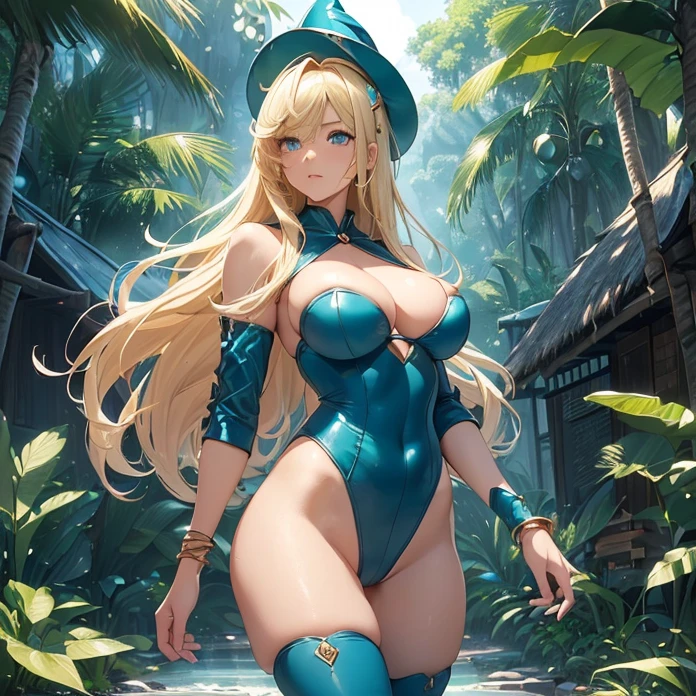 High Resolution, Masterpiece, HD, High Quality, Best Quality, Anatomically Correct, Minimalism, Digital Art, Soft Lighting, Anime Style, Glowing Light, Cowboy Shot, full body and design
{{46 years old adult woman milf warrior: ((absolute feminity and physical beauty, beautiful Aqua Eyes, thin lips, Closed Mouth, Light Smile, golden Blonde Long Hair, blonde Ahoge, Larger breasts, voluptuous feminine body, beautiful arms, beautiful hips, tall body), (blue Forehead jewel, pink heart shaped Hair Clip, darkblue pointy Witch Hat, darkblue battle leotard suit, dark blue jacket, green wristbands, blue leggings, green long boots, giant silver claymore sword), (Tsundere, confident demeanor, protective and lovely personality, carefree, standing firmly and relaxed), (tropical village, tropical jungle, green rainforest, steel-made rounded village houses, sunny morning, large jungle trees around))}}